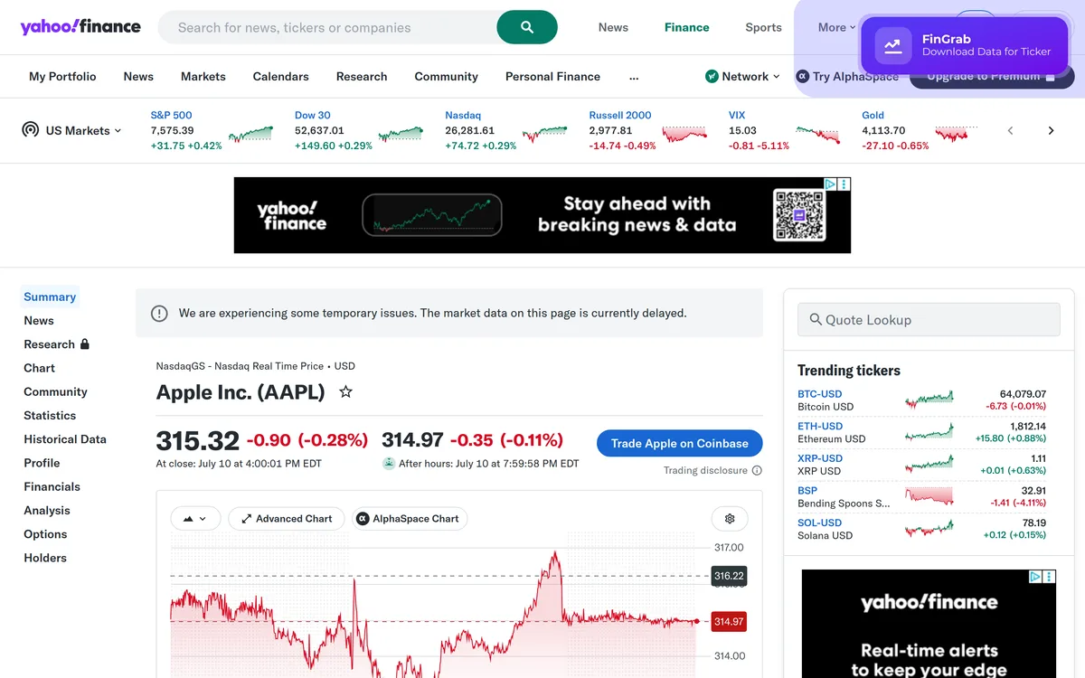 Yahoo Finance quote page for Apple (AAPL) with the FinGrab "Download Data for Ticker" button in the top-right corner