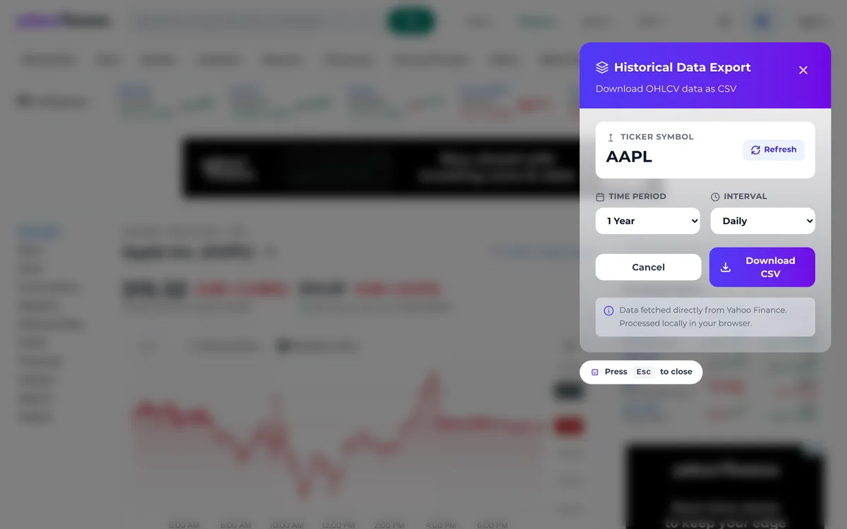 FinGrab Historical Data Export dialog with the AAPL ticker auto-detected and time period and interval selectors
