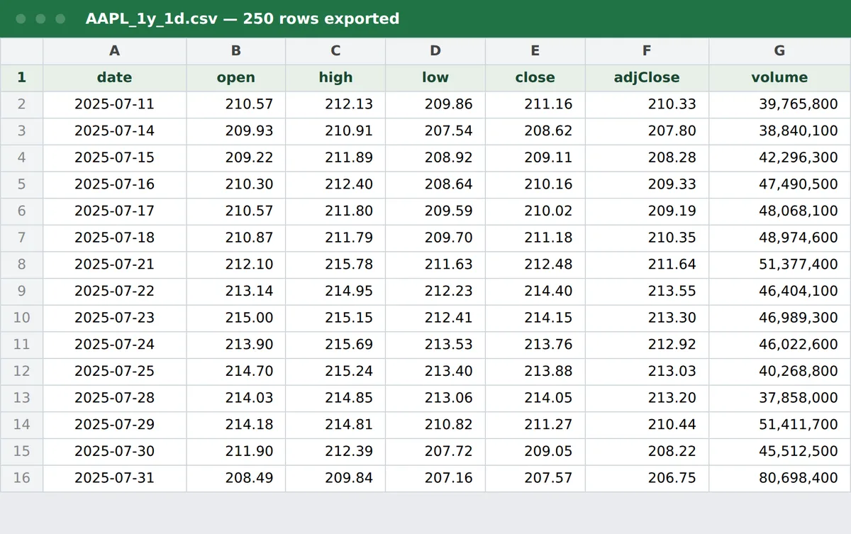 The exported CSV opened as a spreadsheet: date, open, high, low, close, adjusted close, and volume columns with one year of AAPL data